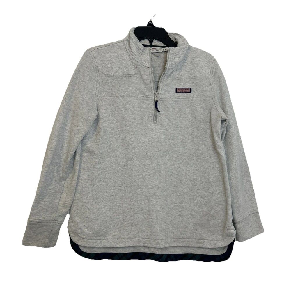 Vineyard Vines Shep Shirt Quarter Zip Sweater Pullover Gray Plaid Trim - Small